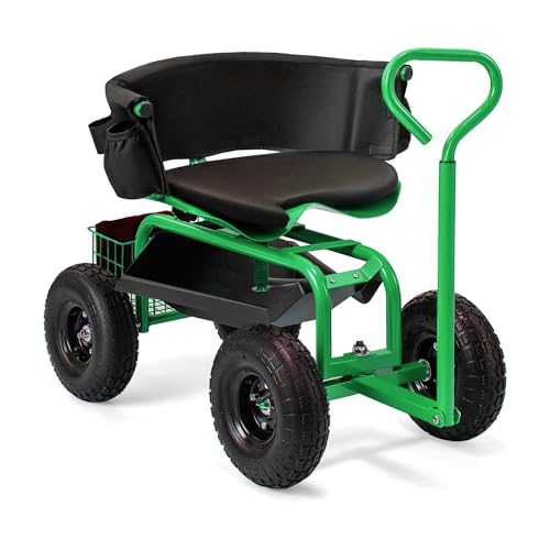 THUNDERBAY Garden Cart Rolling Workseat with Wheels, 360 Degree Swivel Seat, Wagon Scooter with Steering Handle & Utility Tool Tray for Planting, with Storage Basket and Tool Pouch, Green