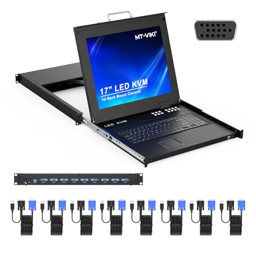 MT-Viki Rack KVM Switch VGA 8 Port w/17'' LCD Monitor, LCD KVM Console Fit 1U 19'' Rack, Support OSD/Hotkey, Integrated with Keyboard+Touch pad+Drawer+8 KVM Cables