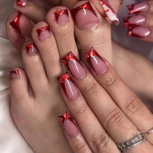 48Pcs Press on Nails & Toenails Set, Square Medium With Heart Design, French Tip, Red Fake Acrylic Nails Kit for Women Manicure