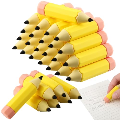 Affrolling 36 Pcs Large Pencil Shaped Erasers Bulk Fun Erasers Cute Yellow Kawaii Erasers for Birthday Gifts Party Favor Prize Supplies