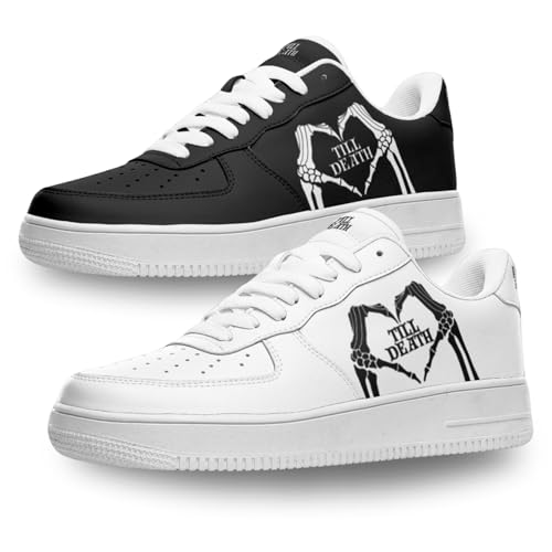 Bride Till Death Collection Low-Top Sneakers, Personalized Bride and Groom Black or White Sneakers for Wedding Day, Wedding Pictures or Honeymoon, Custom Skeleton Heart Design