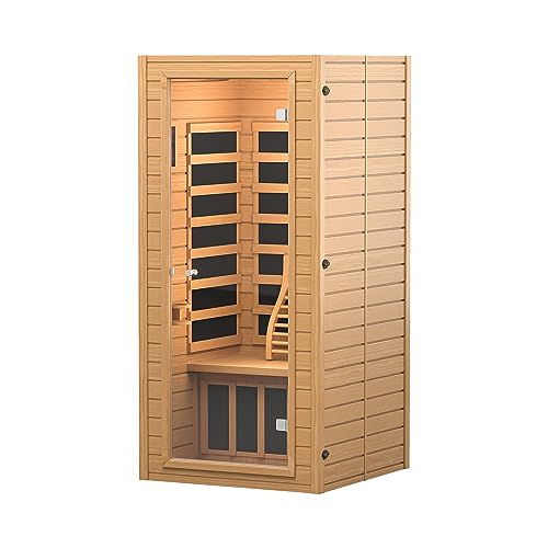 springspa Far Infrared Sauna for Home, Near Zero EMF Wood Home Sauna Room with 1400W, 9 Chromo Therapy Lights, Oxygen Ionizer, Bluetooth, LCD Control Panel for Indoor Use, 1 Person