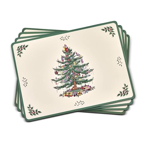 Portmeirion Christmas Tree Placemats, Set of 4 - Cork-Backed Heat Resistant Placemats for Dining Table - Hard Board with Christmas Tree Design, Stain Resistant and Durable (15.7" x 11.7")