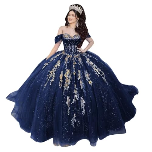 Mauuwy Shiny Navy Ball Gown Quinceanera Dresses with Bow Gold Appliques Lace Beads Tulle Bow Gown Party 15 Dress Vestidos 15 De Novia Size 8