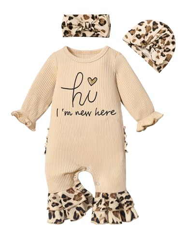 KANGKANG Newborn Girl Clotehs Baby Girl Clothes hi I'm new here Ruffle Romper Baby Girl Onesie Leopard Print Bell Bottom Jumpsuit with Hat Headband Boho Newborn Baby Girl Clothes Beige