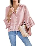 Cicy Bell Womens 3/4 Bell Sleeve Button Down Shirts Casual Ruffle Hem Tops Eyelet Blouse Pink