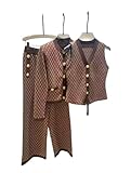 Women's 3-Piece Knit Set, Checkered Pattern, Jacket with Gold Buttons, Vest, Wide-Leg Pants, Brown (Brown, XL(12))