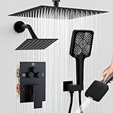 Shower Faucet Set, 12" Ceiling Mount Rainfall Shower System with 2 Rain Shower Head and Multi-function Handheld Head Push Button Diverter Shower Faucet Trim Kit (12", Matte Black)