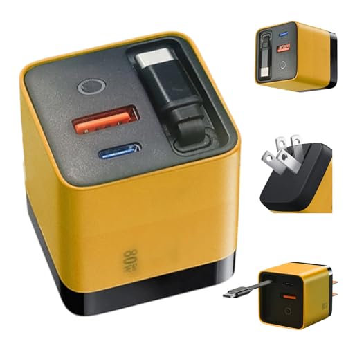 3 in 1 GaN Charger, 80w Max Fast Charger Module with Retractable Type-C Cable and 2 USB Ports for iPhone, Mobile Phones, Laptops, Tablets (Yellow)