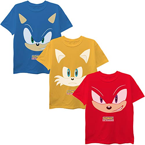 SEGA Big Hedgehog Boys 3-Pack T-Shirt Bundle, Sonic, Tails, Knuckles, Gold/Red/Royal Blue, L-(12-14)
