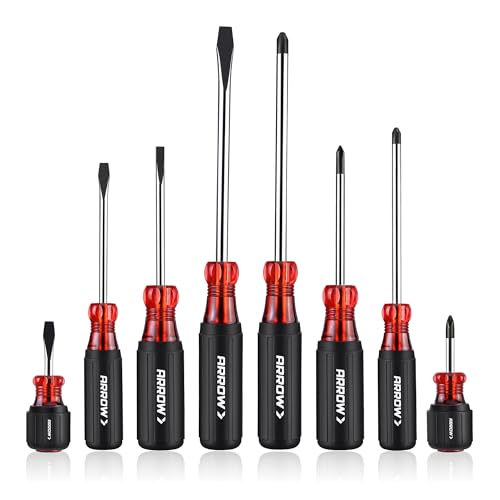 ARROW 8 PCS Magnetic Screwdriver Set, Professional S2 Steel Screw Driver Kit with Non-Slip Cushion Grip, Stubby Screwdrivers, Magnetic Phillips and Flathead Tips, for Home and Industrial Use