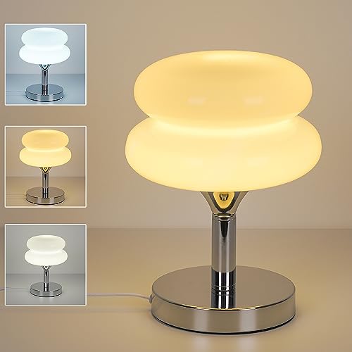 Jiesheng White Glass Bedside Lamps, Not Dimmable Egg Tart Lamp for Nightstand, Retro Mushroom Lamp, Aesthetic Desk Lamp for Room Decor