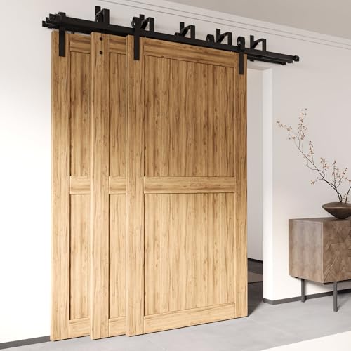 Homacer Black Rustic Triple Track Bypass Sliding Barn Door Hardware Kit (for Door Thickness 1-1/4in~1-3/8in), Three 20ft Long Flat Tracks, for Three/Triple Interior Doors