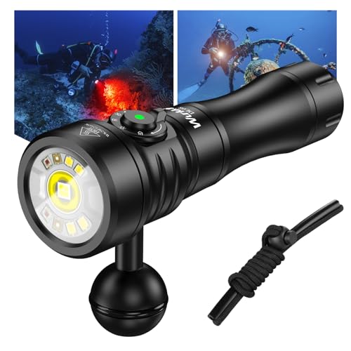 Wurkkos DL08 Dive Light, 3600 Lumens Rechargeable Scuba Underwater Lights with Red and UV Light, IP68 Underwater Video Light with Infinite Brightness Adjustment and 5000mAh Battery for Night Diving