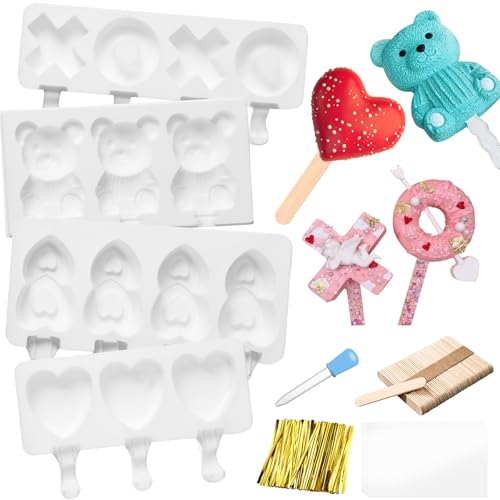 4 Pcs Cake Pop Mold Xoxo Shaped Ice Pop Molds Bear Silicone Popsicle Molds Cute Heart Chocolate Candy Cakesicle Molds with 50 Popsicle Sticks 50 Parcel Bags and 2 Droppers for Baking DIY Ice Popsicle