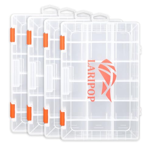 LARIPOP Fishing Tackle Box Set with Adjustable Dividers, Transparent Organizer Tray, Plastic Tool Box, Bait Separator -Angler's equipment lure box - 4 Packs Tackle Trays - Parts Box