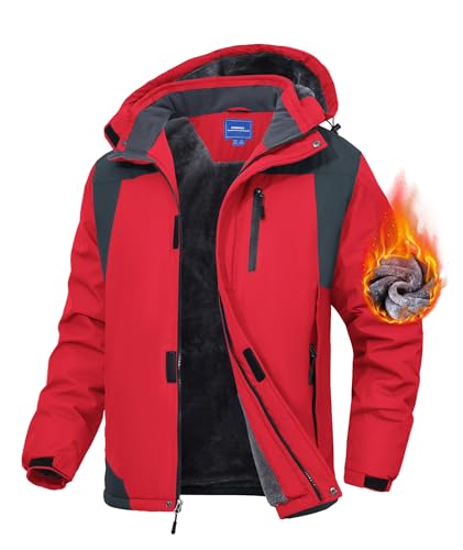 Zoofly Winter Jacket for Men Snow Ski Waterpoof Hood Coat Fleece Liner Windproof Warm Ripstop Raincoat with Zipper Pocket Outdoor Mountain Red L