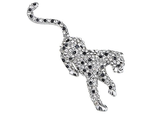 Alilang Silvery Tone Shiny Clear Crystal Rhinestones Brooch Pouncing Snow Leopard Tiger Cheetah Wild Animal Lapel Pin for Women