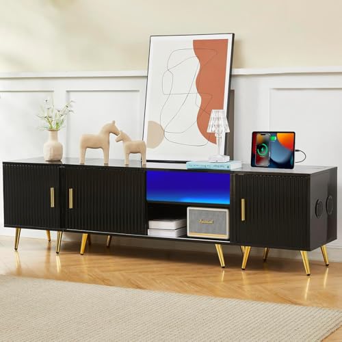 COSVALVE TV Stand for 65/75/80 Inch TV with Charging Station & Speaker, 71" Free Combination Black TV Stands, Media Console Entertainment Center with LED for Living Room Bedroom, Black & Gold