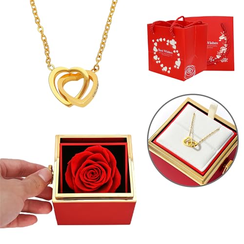 TINGKU Eternal Real Rose Gift Box for Women, Preserved Rose with Customized Name Engraved Heart Necklace, Personalized Romantic Gift for Wife, Girlfriend, Mom, Mother's Day Love Keepsake