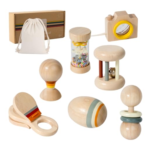 7 PCS Wooden Baby Toys Set - Organic Infant Rattles Newborns 0-6 Month & Montessori-Inspired Musical Instruments for 0-12 Month - Natural Toddler Developmental Toys