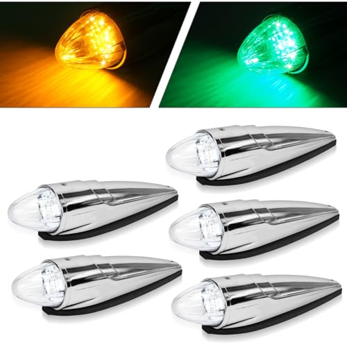 5PCS 21 LED Dual Color Cab Marker Light, Clear Lens Chrome Torpedo Cab Marker Roof Running Top Lights, Replacement for Heavy Duty Trucks Kenworth Freightliner Peterbilt International Mack, Amber/Green