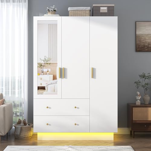 3 Doors Armoire Wardrobe Closet with Mirror, LED Armoire with Doors and Drawers, Wooden Armoire Storage Cabinet with Hanging Rod, Adjustable Shelves, White