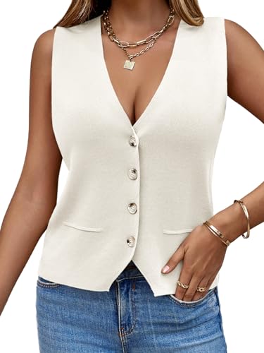 Saodimallsu Womens Sleeveless Sweater Vest Knit V Neck Button Fashion Casual Loose Spring Summer Waistcoat Cardigan White