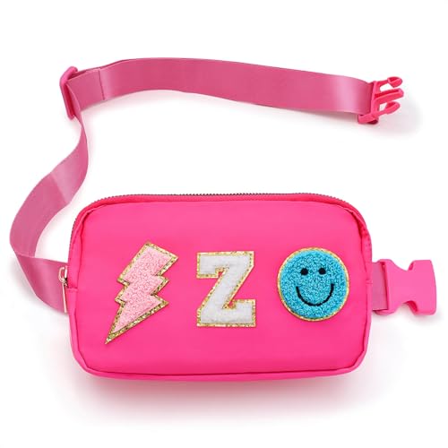 Fanny Pack for Girls Crossbody Bag, Preppy Nylon Kids Belt Bag for Birthday Christmas Graduation Personalized Gifts, Pink Chenille Z Letter for Women Teen Girls Fanny Pack
