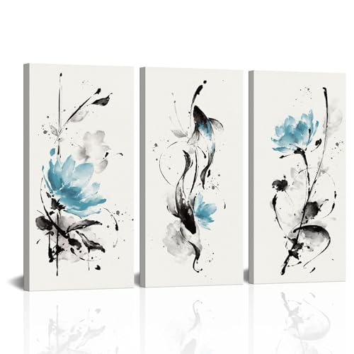 Nachic Wall Koi Fish Canvas Wall Art Watercolor Lotus Flowers Ink Painting Prints Good Luck Fish Pictures Zen Bedroom Decorations (Teal)