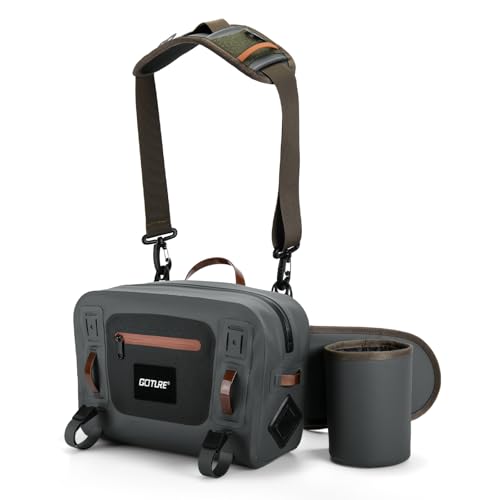 Goture Waterproof Fishing Waist Pack,IPX8 840D TPU Large Tackle Bag with Rod Holder,Airtight Zipper Closure,Detachable Water Bottle Holder, 10L Fly Fishing Bag with Adjustable Strap,Sling Fanny Pack