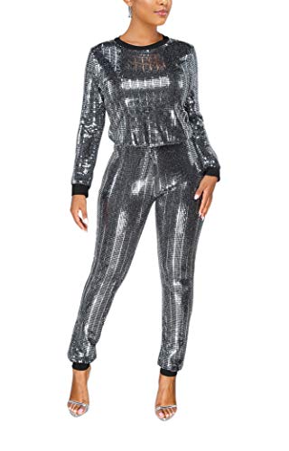 EOSIEDUR Womens 2 Piece Outfits & Sexy Silver Glitter Sequins & Metallic Shiny Top and Pants Two Piece Set Silver & Black L