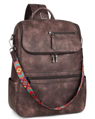 FADEON Laptop Backpack for Women Leather Travel Backpack with Laptop Compartment, Designer Ladies Computer Backpacks Coffee