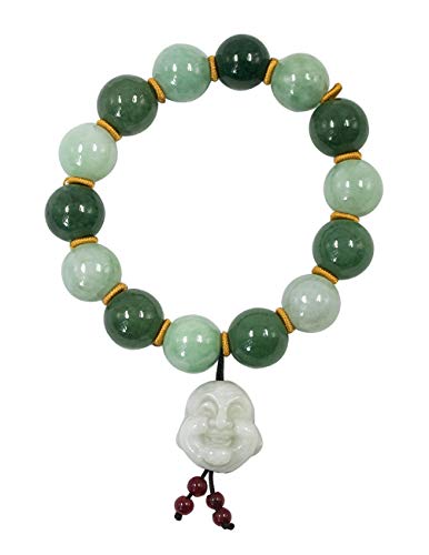 Dahlia Laughing Buddha Jade Bracelet, Real Grade A Certified Burma Jadeite for Happiness and Wealth, Elastic Band, 12mm Beads, 7"