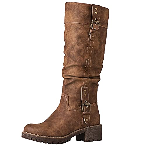GLOBALWIN Women's Camel Knee High Riding Boots For Women Chunky Low Heel Size 9M