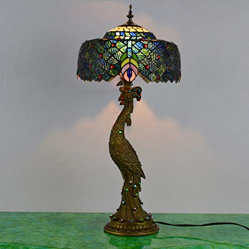 LITFAD 1 Head Peacock Desk Light Tiffany Brass Hand-Crafted Glass Task Light Stained Glass Shade Bedside Table Lamp for Reading Room Office Bedroom