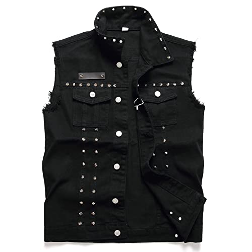 JUDIGODR Denim Vest Men Studded Rivets Punk Lapel Sleeveless Slim Fit Retro Ripped Casual Jean Vest for Men's (M,813Black Rivets)