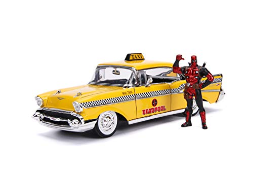 Jada 1957 Chevrolet Bel Air Taxi Yellow with Deadpool Die-cast Figure Marvel Series 1/24 Die-cast Model Car 30290, Multicolor