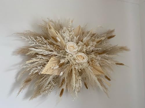 Dried Pampas Grass Wall Decor, DIY Kit Dried Flowers Natural Pampas Boho Cloud Arrangement with Artificial Roses, Wedding Arch Backdrop