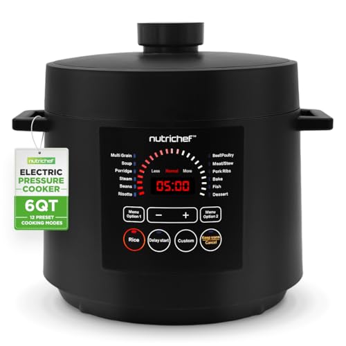 NutriChef Electric Pressure Cooker 6 Quart Capacity | 9 Function Digital Countertop Pressure Cooker | Adjustable Time & Temperature | Cook, Bake, Steam, & Braise | 13.1 x 11.4 IN | Black