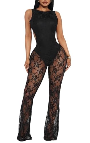 NIFTRIRY Sleeveless Black Jumpsuit for Women See Through Lace Jumpsuits Backless Sexy Outfits