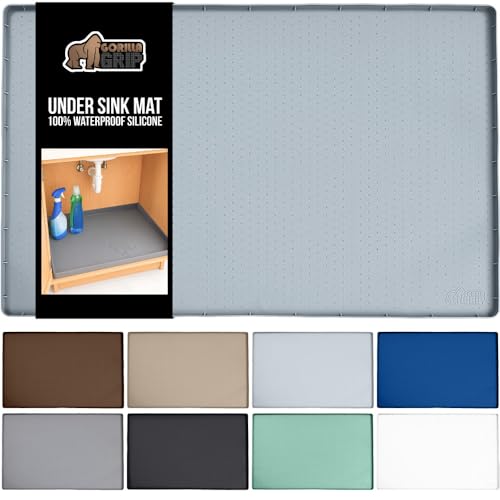 GORILLA GRIP Waterproof Silicone Under Sink Mat with Raised Lip for Kitchen and Bathroom, 31 x 22 in, Cabinet Shelf Liner Stay in Place Mats Dishwasher Safe Drawer Liner, Organizer Tray, Light Grey