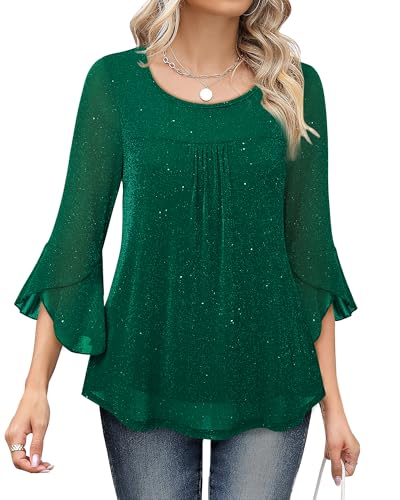 Bebonnie Blouses for Women Dressy Casual: Ladies Long Sleeve Lace Tops - Elegant Dressy Shirts for Mature Woman Night Out - Business Attire Work Shirts for Big and Tall Emerald Green M