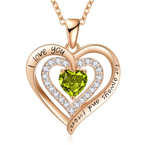 REDBEE Valentine Gift for Wife - Double Heart Pendant Necklaces Daughter Gifts for Birthday Mother's Day Wedding Anniversary Necklaces for Woman's Jewelry Gift for Her (Aug-Peridot-Rose Gold)