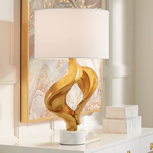 Possini Euro Design Hera Modern Glam Luxury Table Lamp Decor 31" Tall Sculptural Gold Leaf White Fabric Drum Shade Marble Base for Living Room Bedroom House Bedside Nightstand Home Office Entryway