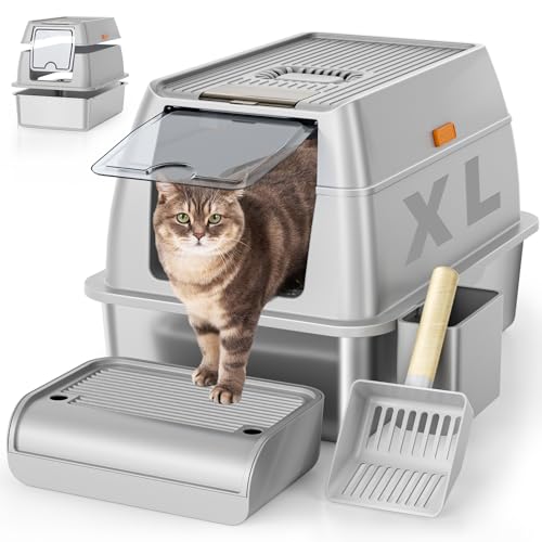 Stainless Steel Cat Litter Box with Lid, XL Extra Large Litter Box for Big Cats, Enclosed Removable Metal Litter Boxs with High Sided Enclosure & Scoop, Anti-Leakage, Non-Sticky, Easy Cleaning(Grey)