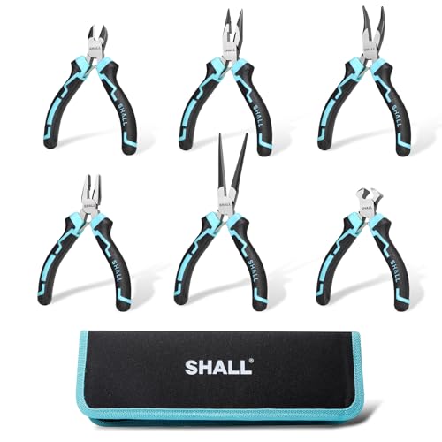 SHALL Mini Pliers Set, 6-Piece Small Pliers Tool Set Includes Needle Nose, Long Nose, Bent Nose, Diagonal, End Cutting and Linesman for Making Crafts, Electronic Repairing & Jewelry with Pouch