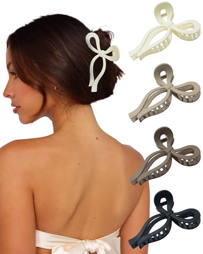 4 PCS Bow Hair Clips Bow Claw Clip for Women Nonslip Large Hair Claw Clips for Thin and Thick Hair Strong Hold Hair Bows (Black+Light Brown+Off-White+Dark Brown)