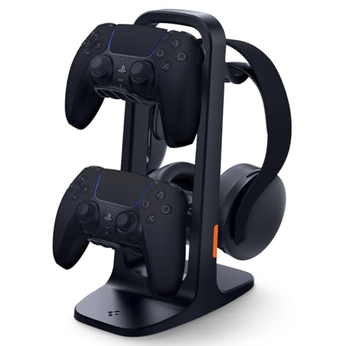 Spigen Gaming Controller and Headset Stand for PlayStation, Xbox, Nintendo Switch, Razer, Gaming Headphones and Headsets, Universal Desk Stand Mount, 2 Tiers with Storage Cable Organizer - Black