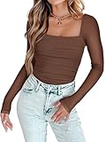 PINKMSTYLE Women's Square Neck Mesh Long Sleeve Bodysuit Going Out Tops Sheer Sexy Club Outfits Party Shirts Coffee XX-Large